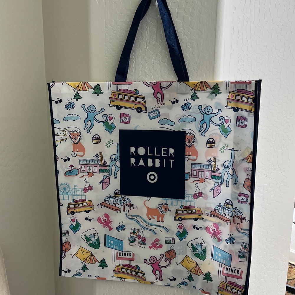 Roller Rabbit Multicolor Patterned Tote Bag with Navy Handles